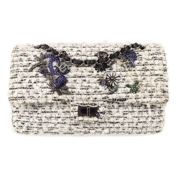 Chanel White Black Tweed 2.55 Medium Classic Double Flap Shoulder Bag XX01853 - Picture 1 of 10